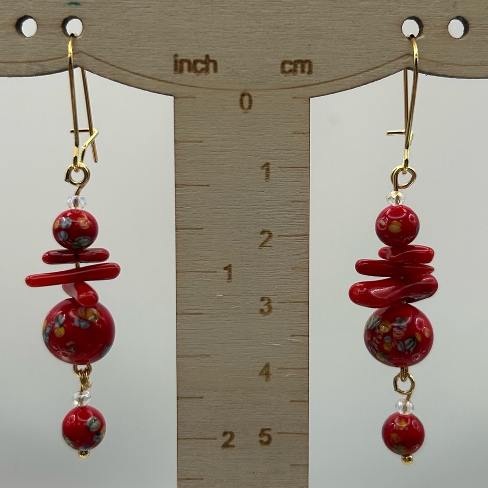 Red Coral & Floral Painted Beaded Dangle Earrings